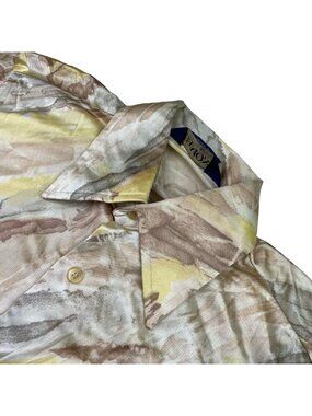 VTG 1970's Damon Men's 100% Nylon Disco Button Shirt Beige Watercolors • Medium